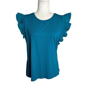 On 34th Ruffle Sleeve Tank Top XXL Teal Ribbed Stretch Knit Round Neck
